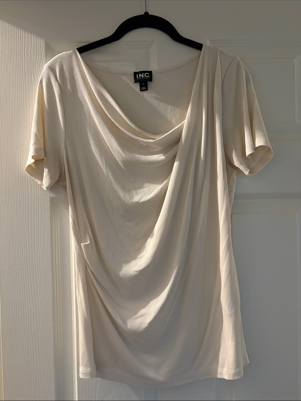 INC International Concepts Cream Draped Cowl Neck Short Sleeve Top